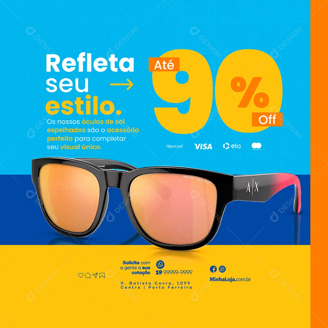 Ótica Refleta seu Estilo Até 90% Off Social Media PSD Editável