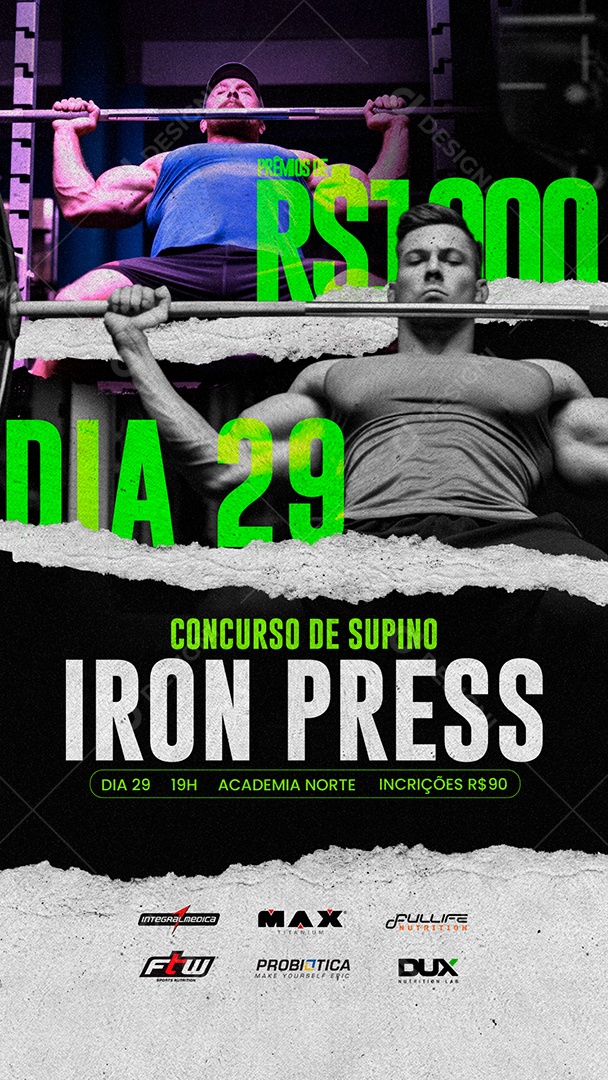 Story Academia Personal Trainer Concurso de Supino Iron Press Social Media PSD Editável