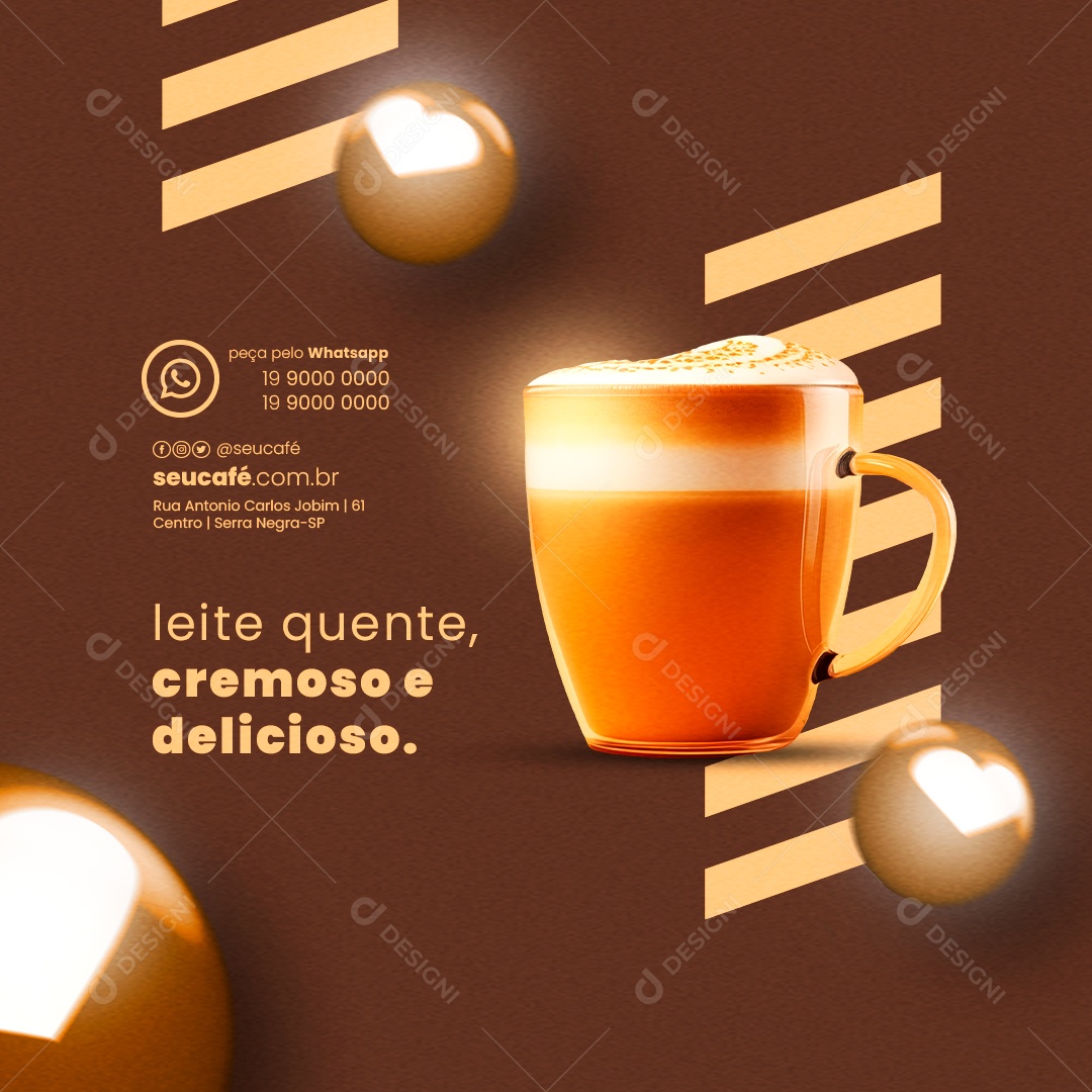 Cafeteria Leite Quente Cremoso e Delicioso Social Media PSD Editável