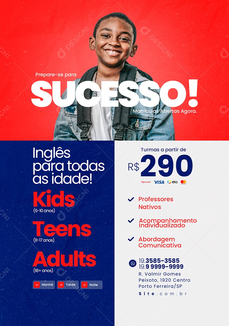 Escola De Idiomas Prepare-se para Sucesso Inglês para Todas as Idades Social Media PSD Editável