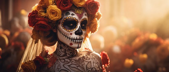 Mulher bonita com maquiagem de caveiras mexicanas no rosto e vestida para o  Dia dos Mortos no México [download] - Designi