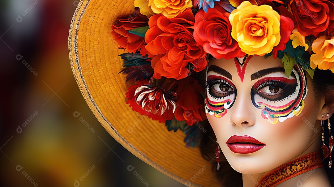 Mulher bonita com maquiagem de caveiras mexicanas no rosto e vestida para o  Dia dos Mortos no México [download] - Designi