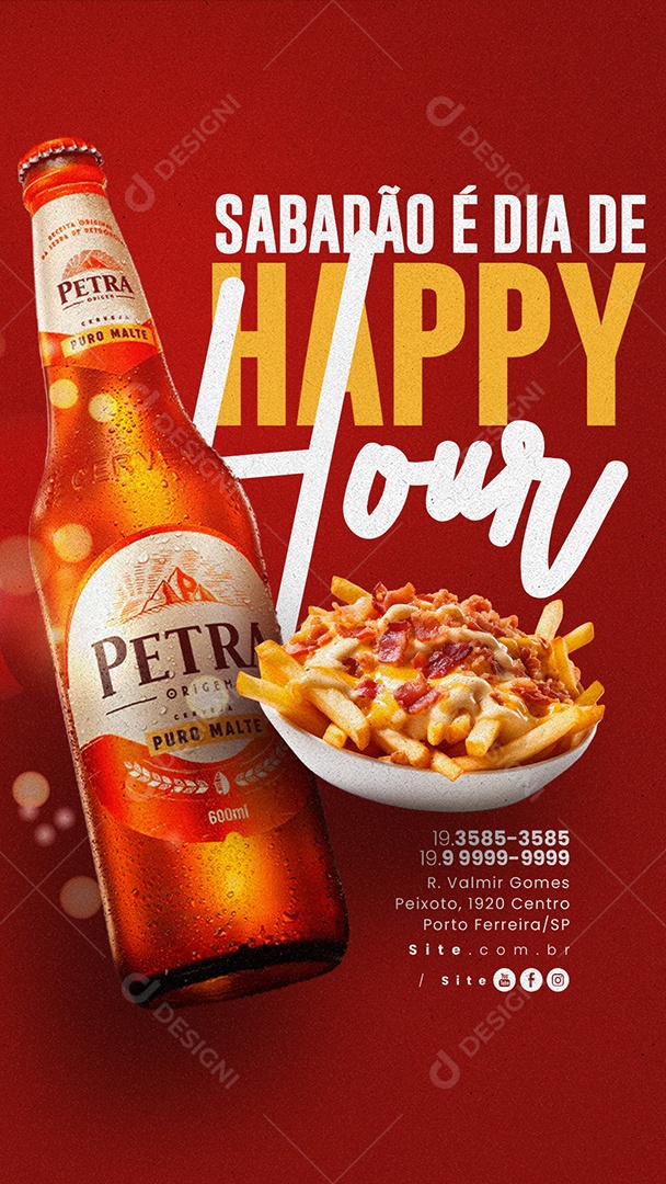 Story Cervejaria Sabadão é Dia de Happy Hour Cerveja Petra Puro Malte e Porção de Batata com Queijo Social Media PSD Editável