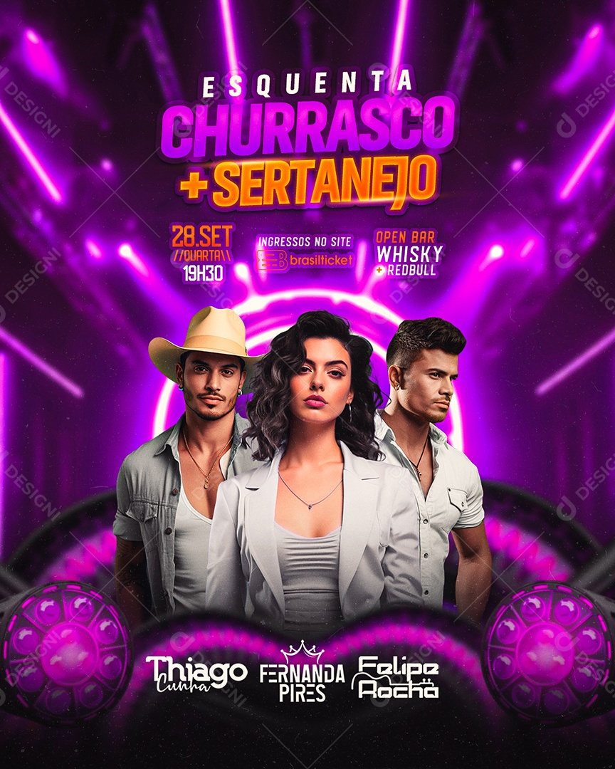 Flyer Esquenta Churrasco Sertanejo Thiago Cunha Fernanda Pires Felipe Rocha Social Media PSD Editável