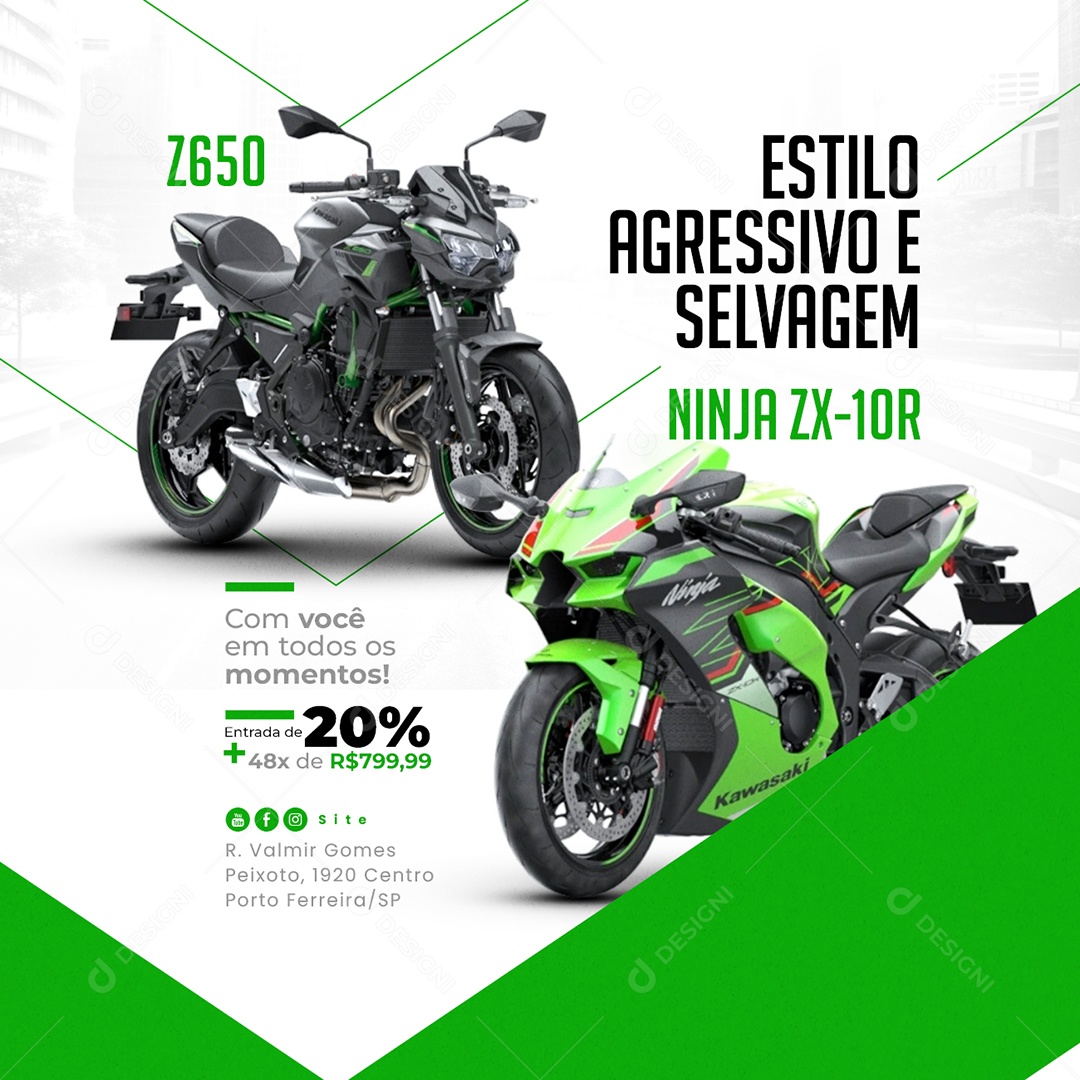 Loja de Motos Concessionária Kawasaki Z650 Ninja Zx 10R Estilo Agressivo e Selvagem Social Media PSD Editável