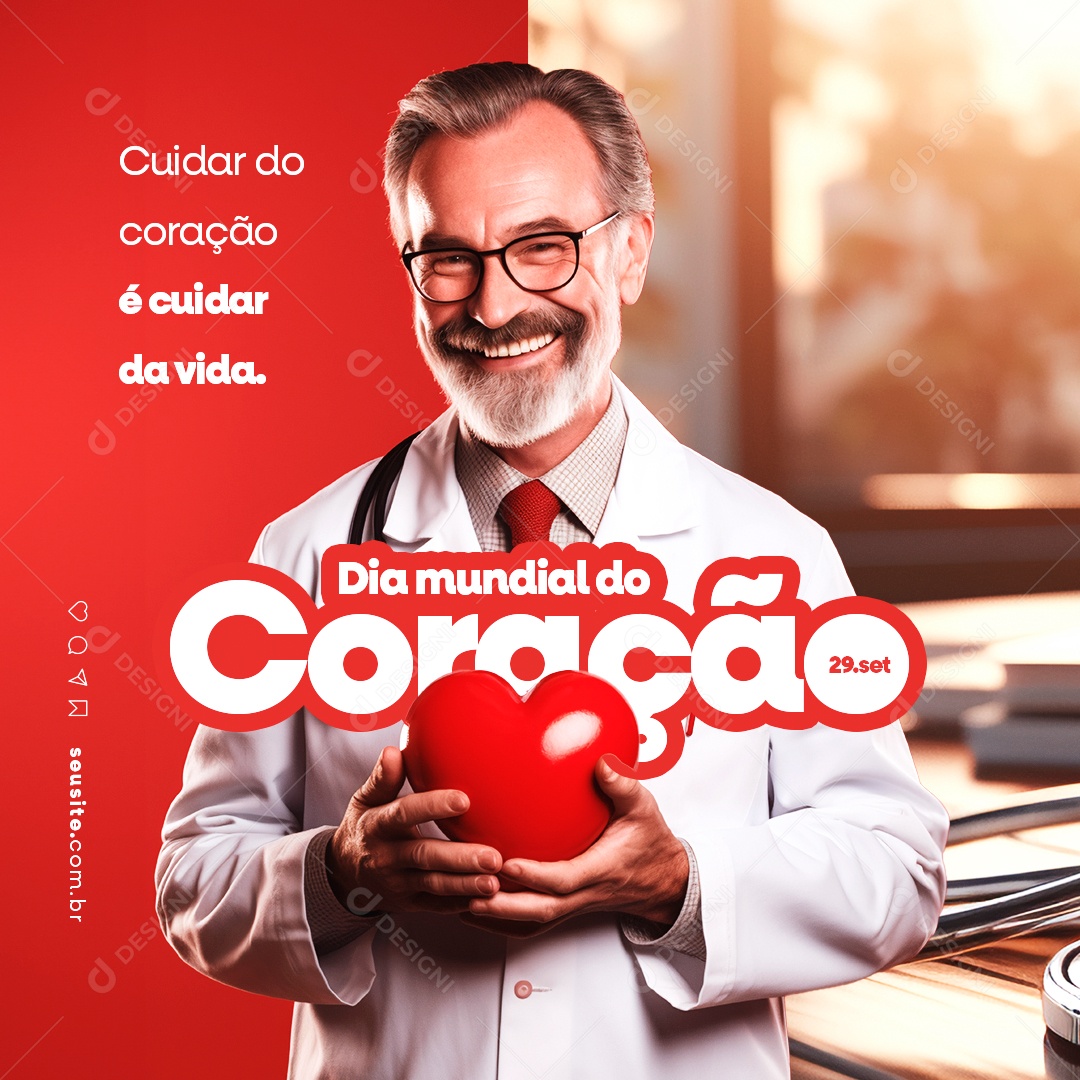 Dia Mundial do Coração Cuidar do Coração é Cuidar da Vida Social Media PSD Editável