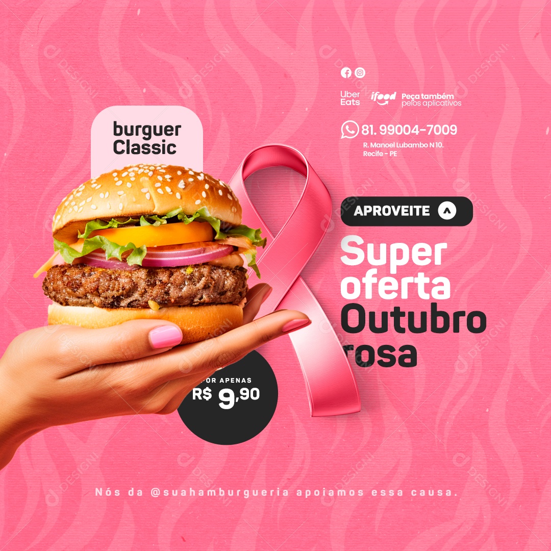 Hamburgueria Outubro Rosa Burguer Classic Super Oferta Social Media PSD Editável