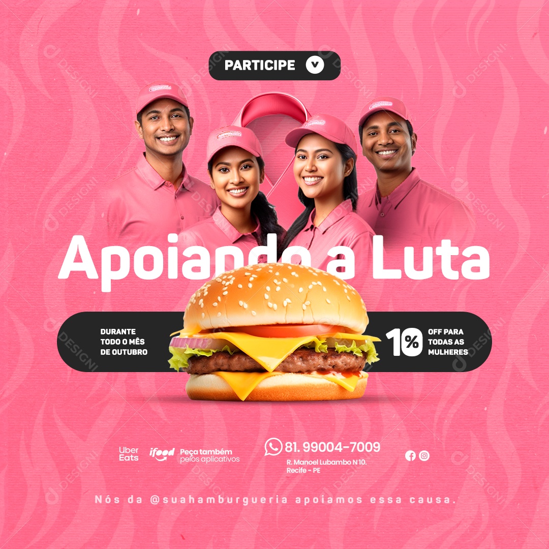 Hamburgueria Outubro Rosa Apoiando Luta Participe 10% Off Social Media PSD Editável