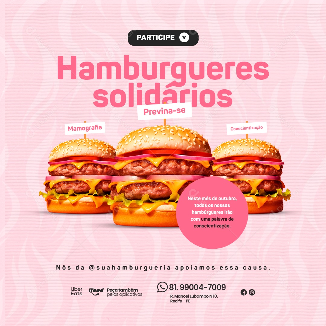 Hamburgueria Outubro Rosa Participe Hamburgueres Solidários Previna se Mamografia Conscientização Social Media PSD Editável