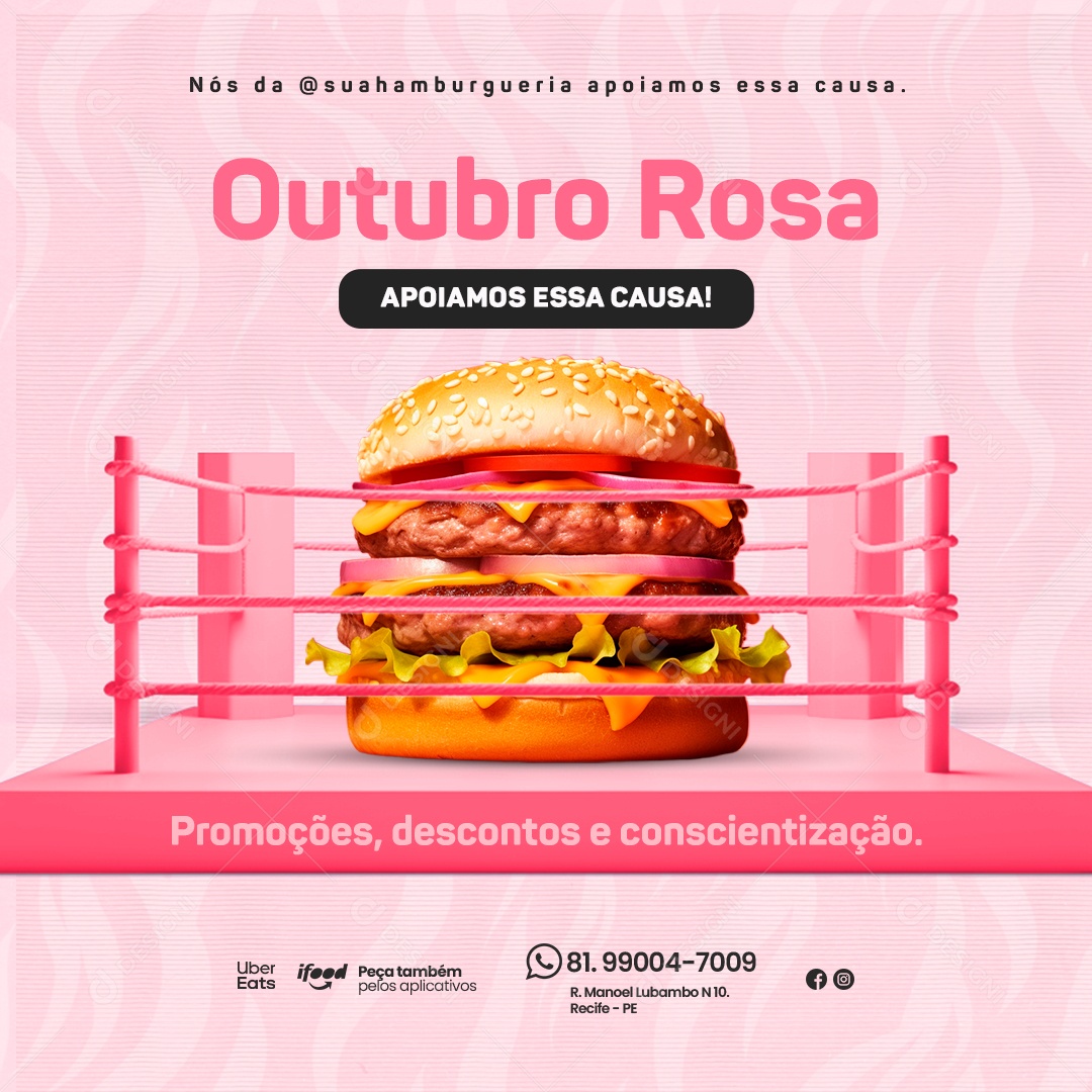 Hamburgueria Outubro Rosa Apoiamos essa Causa Promoções Descontos e Conscientização Social Media PSD Editável