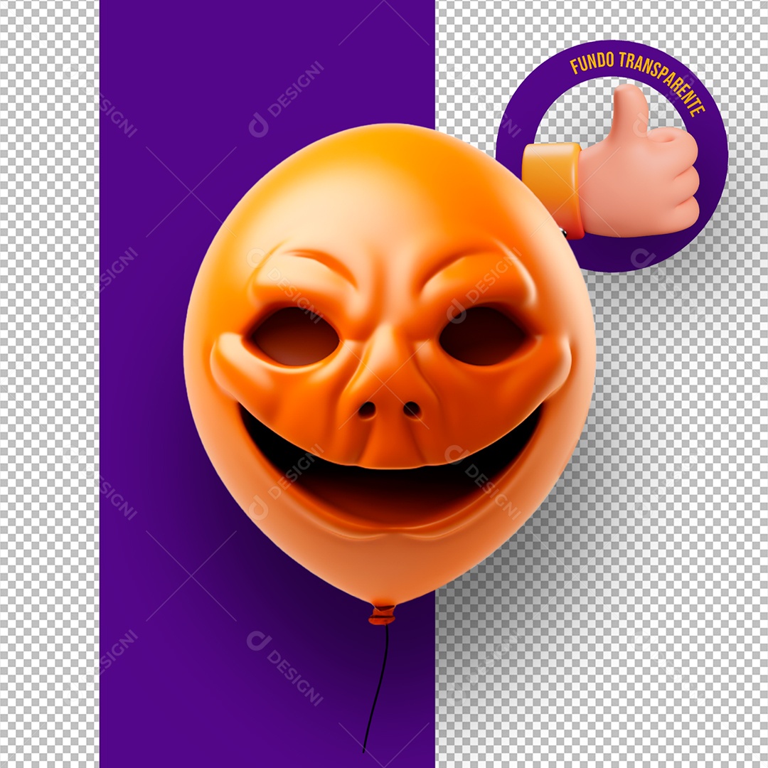 Elemento 3D Balão com Rosto Assustador de Halloween para Composição PSD