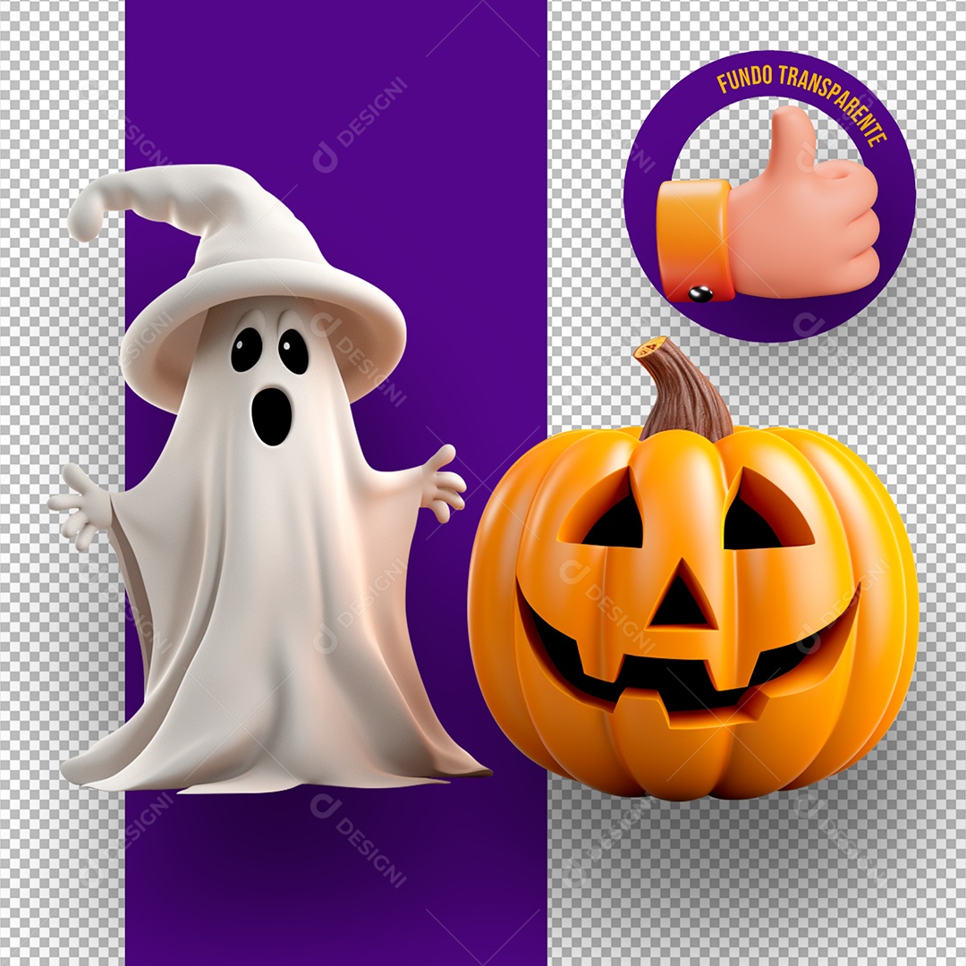 Fantasma e Cabeça de Abóbora de Halloween Elemento 3D para Composição PSD