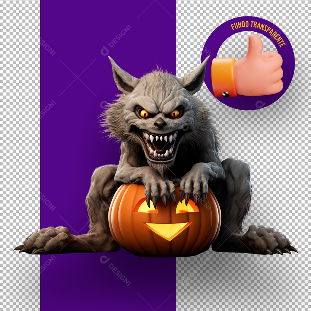 Lobo Assustador Segurando Abóbora de Halloween Elemento 3D para Composição PSD