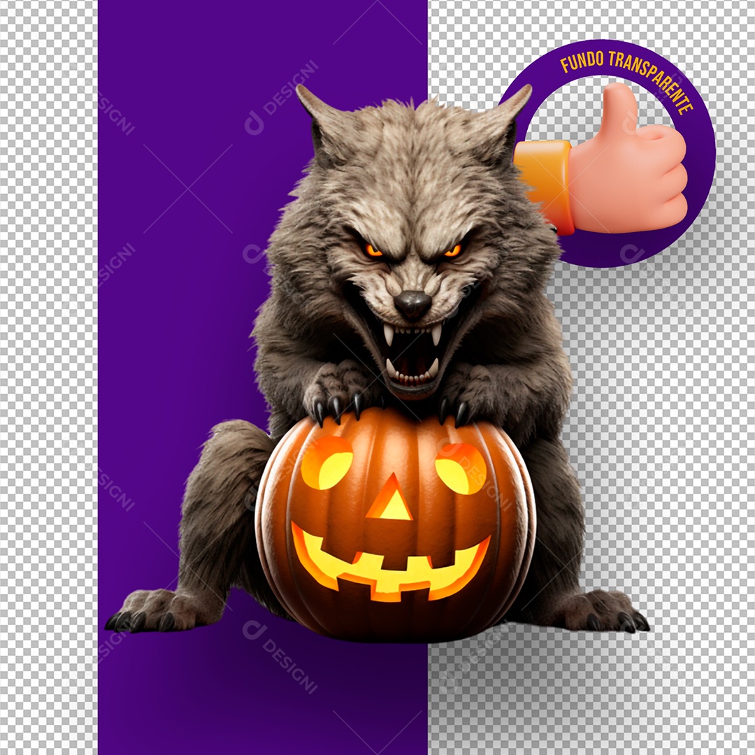 Lobo Assustador Segurando Abóbora de Halloween Elemento 3D para Composição PSD