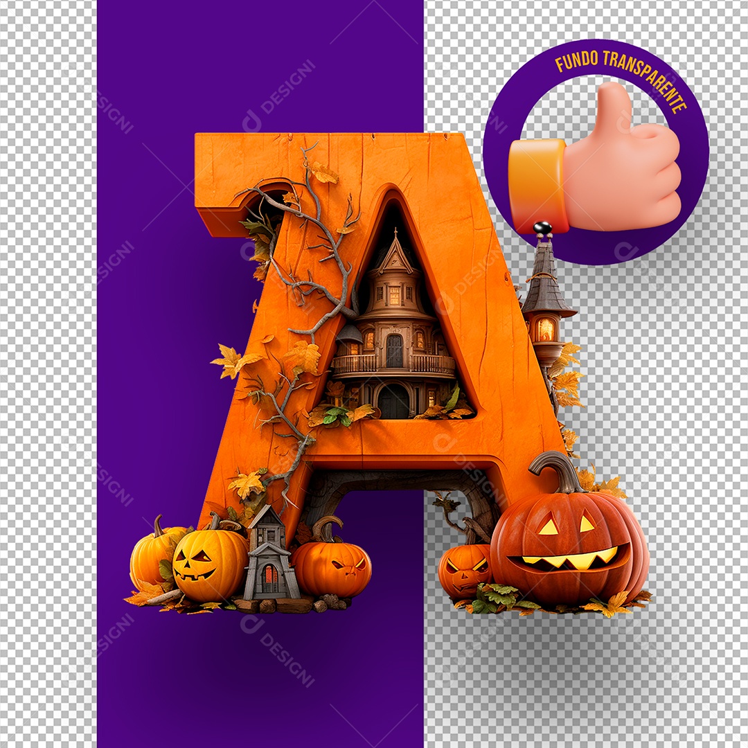 Letra A Maiúscula com Textura de Abóbora e Casa Assustadora Decoração de Halloween Elemento 3D para Composição PSD