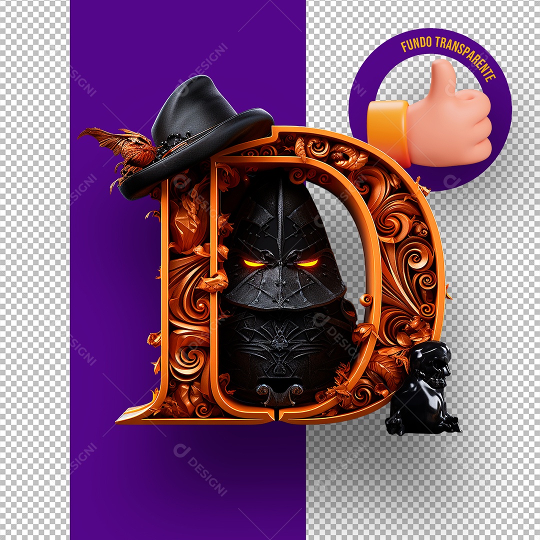 Letra D Maiúscula Decoração de Halloween Elemento 3D para Composição PSD
