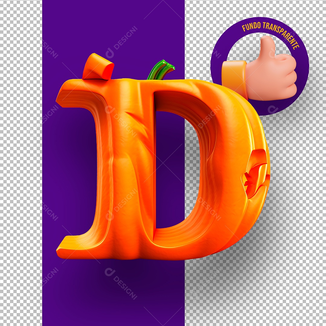 Letra D Maiúscula com Textura de Abóbora Decoração de Halloween Elemento 3D para Composição PSD