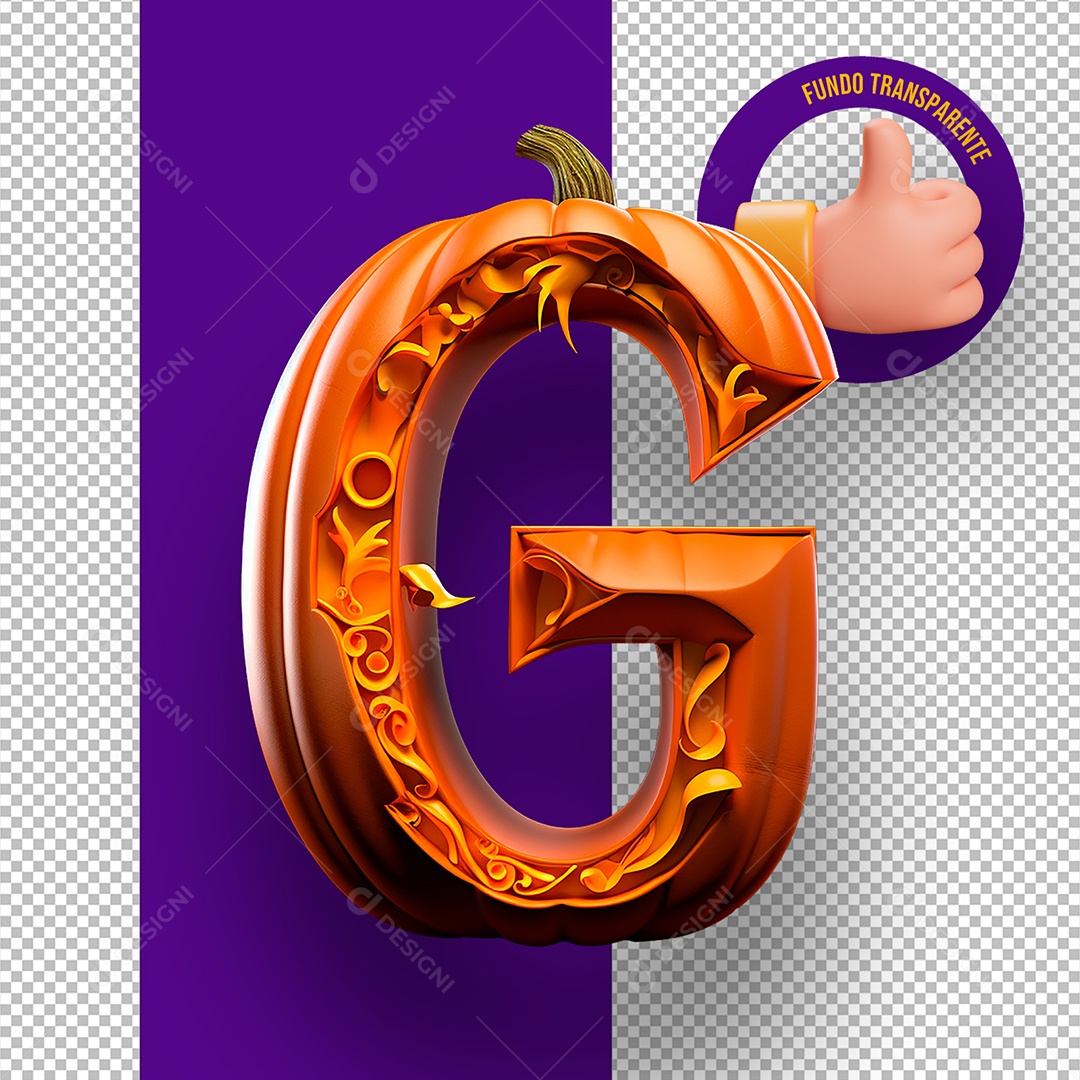 Letra G Maiúscula com Textura de Abóbora Decoração de Halloween Elemento 3D para Composição PSD