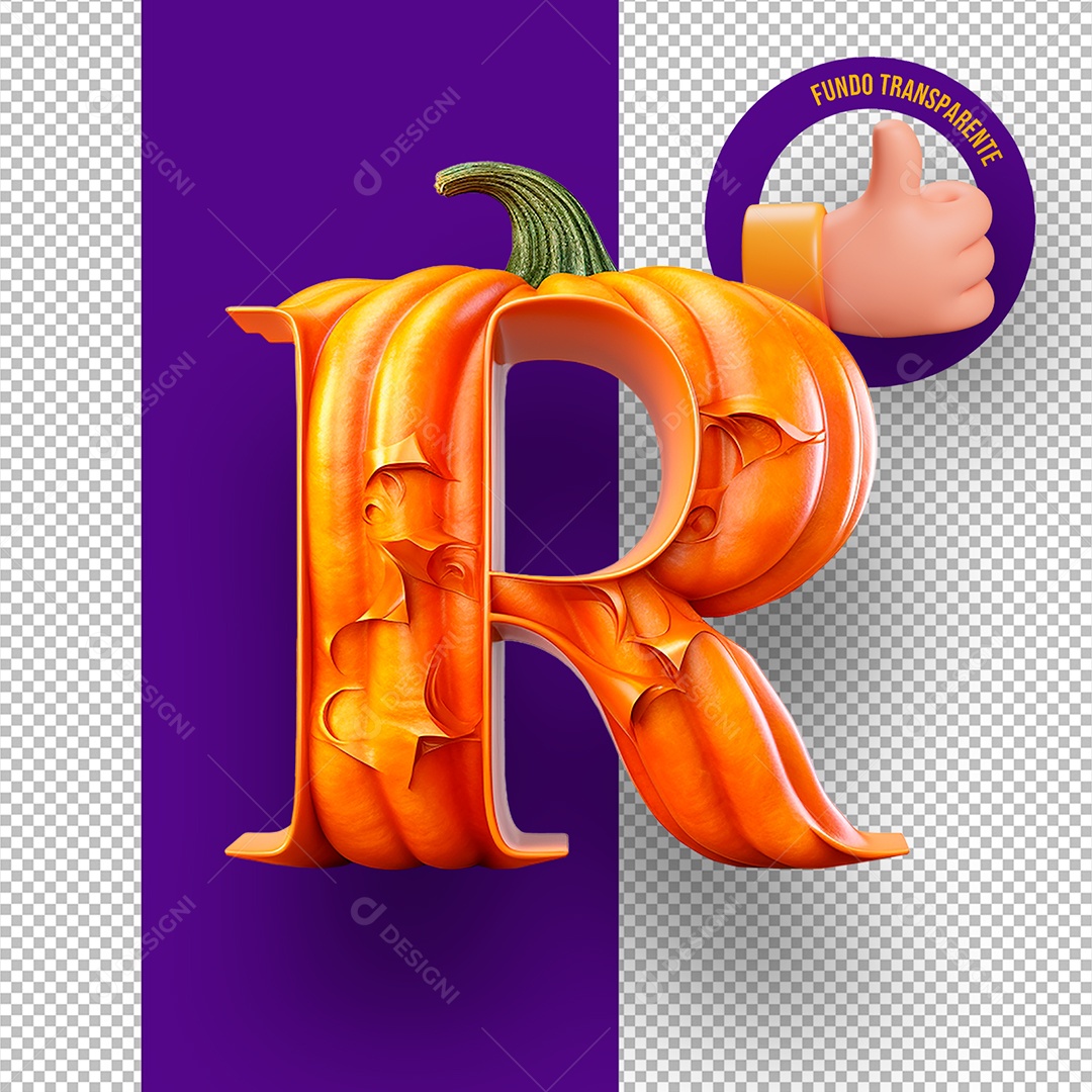 Letra R Maiúscula com Textura de Abóbora Decoração de Halloween Elemento 3D para Composição PSD