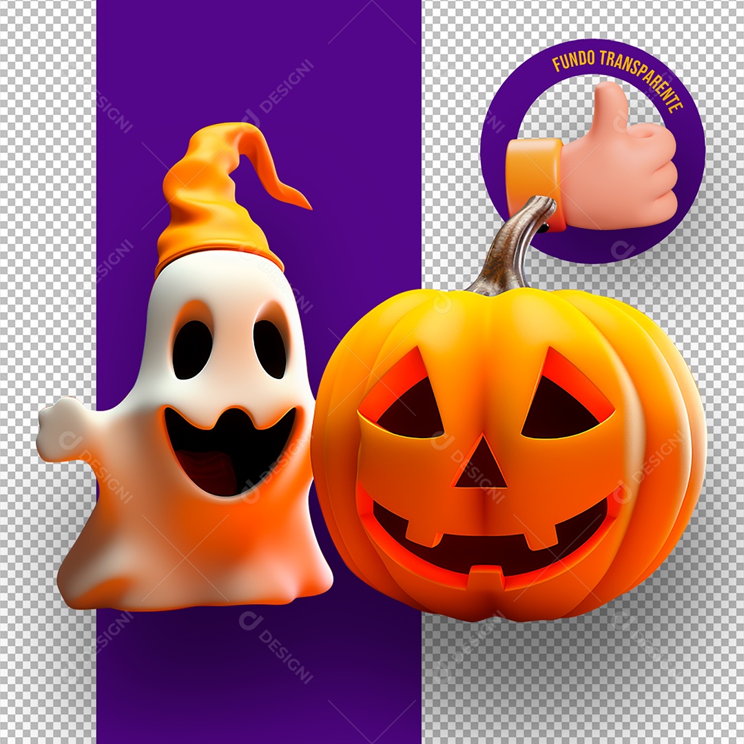 Fantasminha e Abóbora de Halloween Elemento 3D para Composição PSD