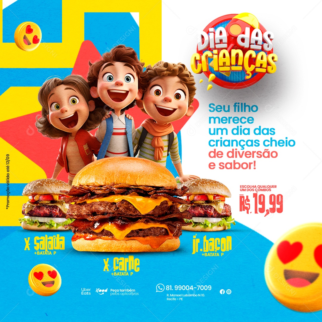 Hamburgueria Dias Das Crianças Seu Filho Merece um Dia das Crianças Cheio de Diversão X Salada X Carne Social Media PSD Editável