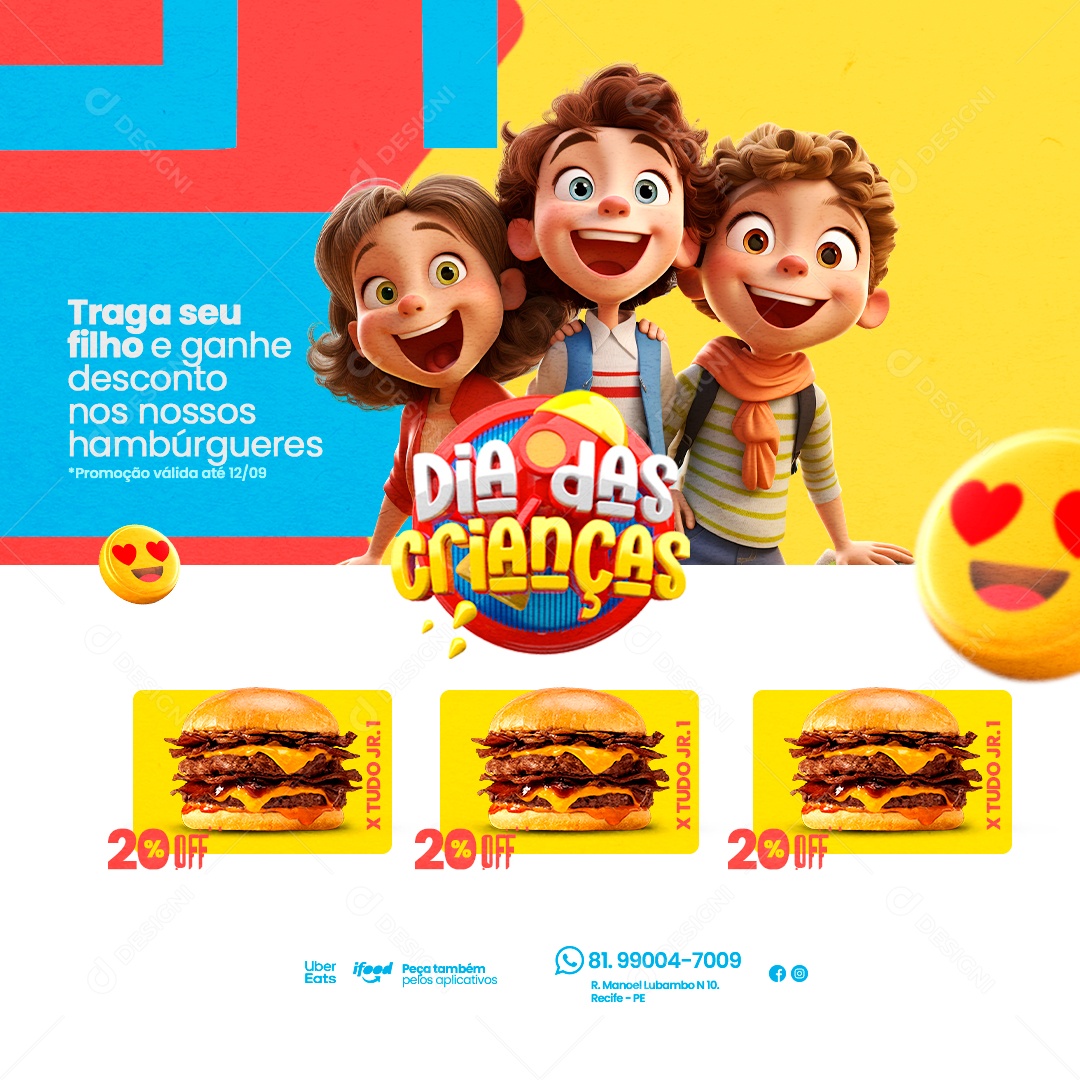 Hamburgueria Dias Das Crianças X Tudo 20% Off Social Media PSD Editável