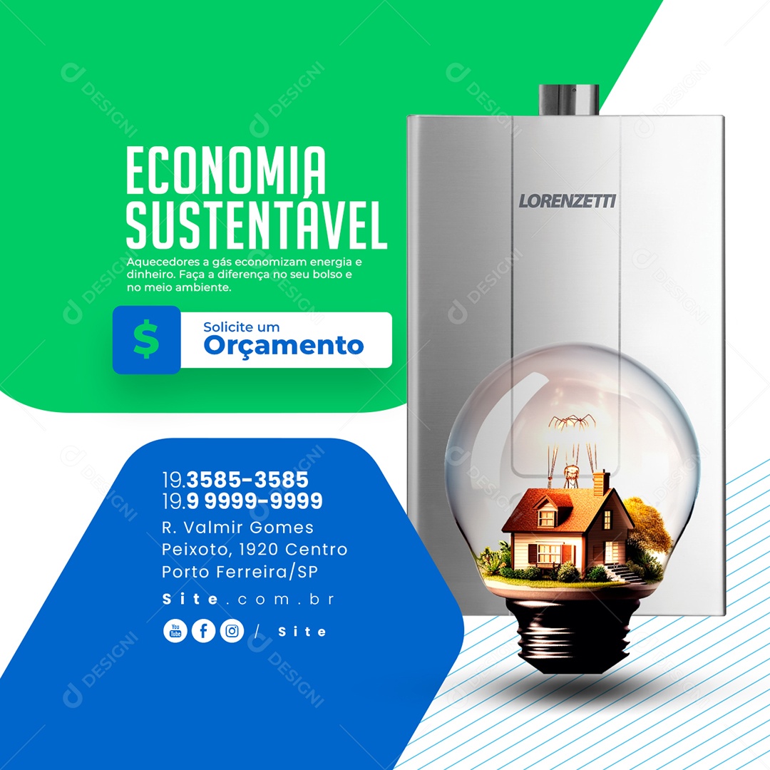 Aquecedores a Gás Economia Sustentável Solicite um Orçamento Social Media PSD Editável