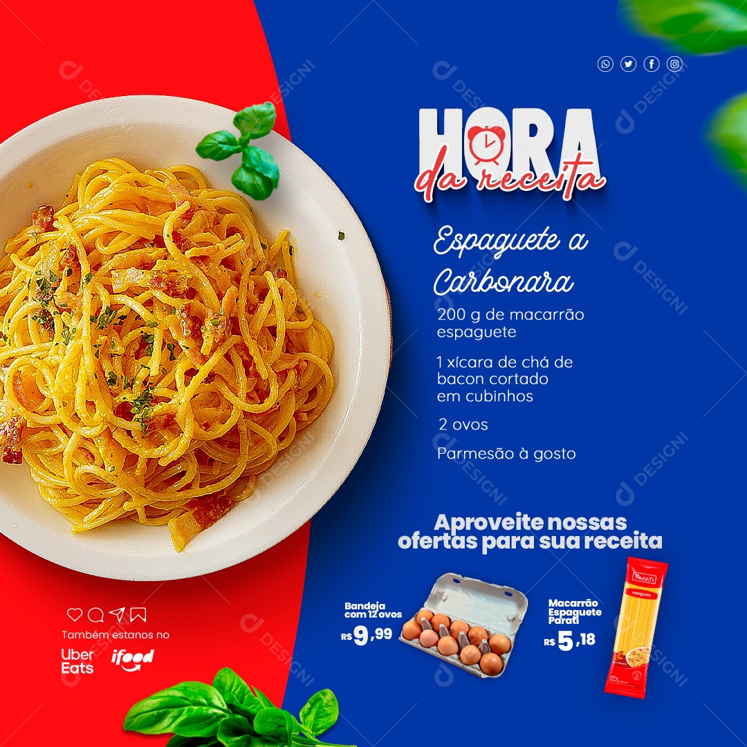 Supermercado Hora da Receita Espaguete a Carbonara Social Media PSD Editável