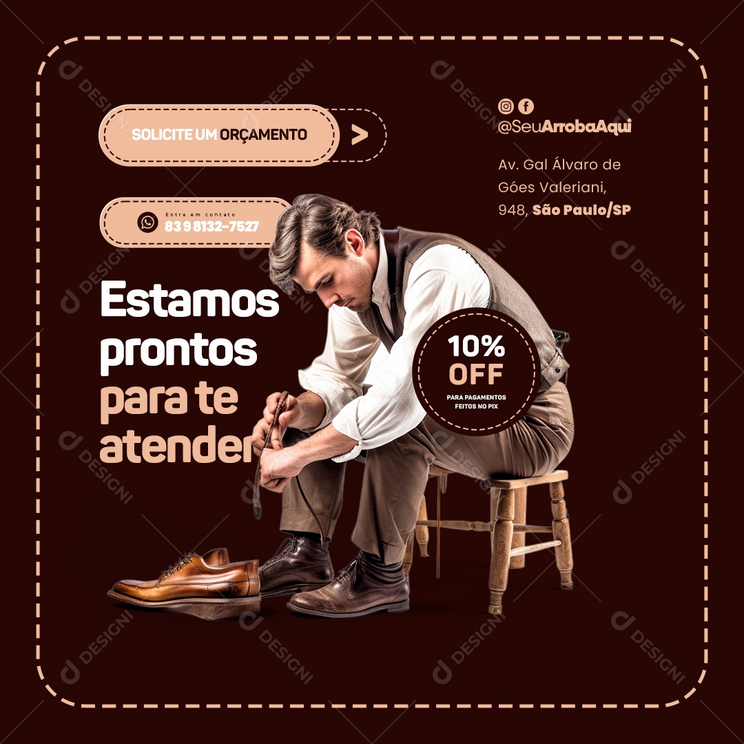 Sapateiro Solicite Orçamento Estamos Prontos para te Atender 10% Off Social Media PSD Editável