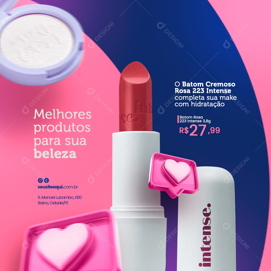 Maquiagem Melhores Produtos para sua Beleza o Batom Cremoso Rosa Social Media PSD Editável