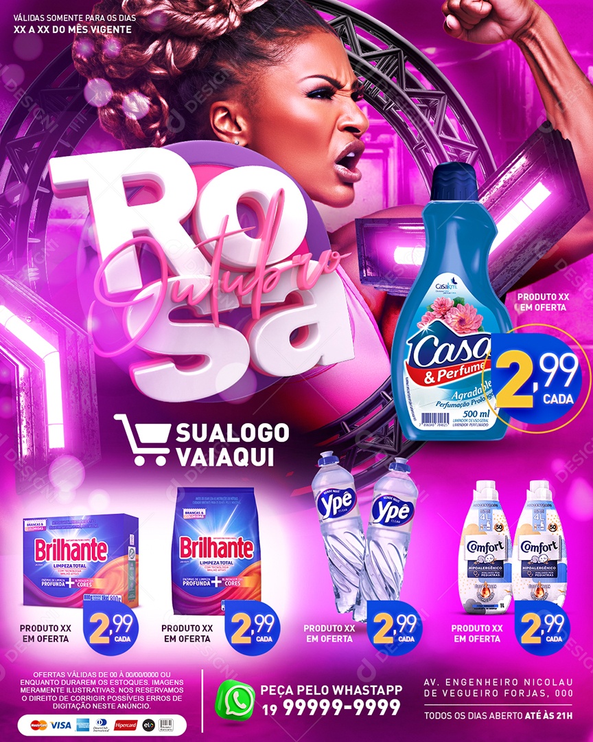 Tabloide Outubro Rosa Supermercado Desinfetante Sabão em Pó Social Media PSD Editável