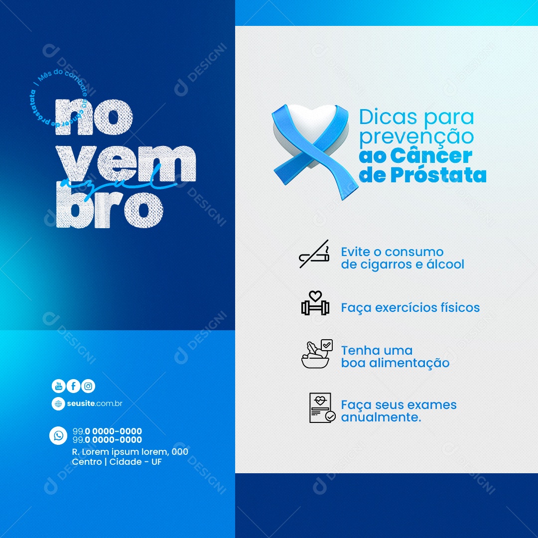 Novembro Azul Dicas para Prevenção ao Câncer de Próstata Mês de Conscientização ao Câncer de Próstata Social Media PSD Editável