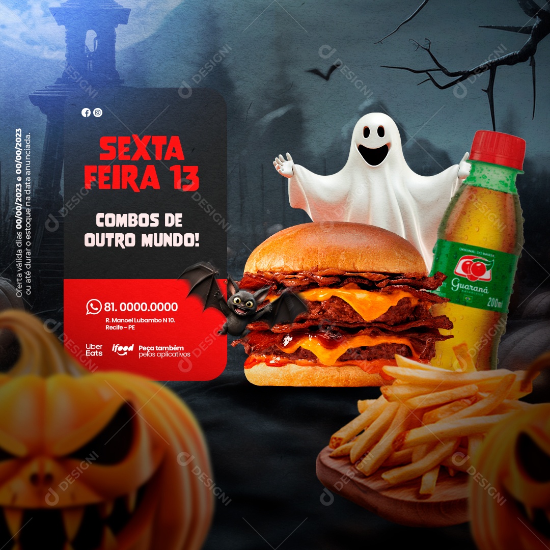 Halloween Lanchonete Hamburgueria Sexta Feira 13 Combos de Outro Mundo Social Media PSD Editável