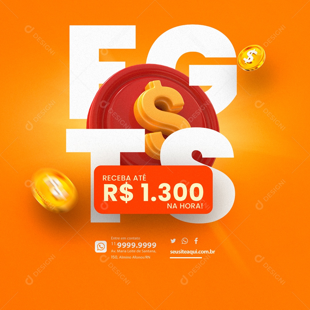 FGTS Receba Até 1300 na Hora Social Media PSD Editável