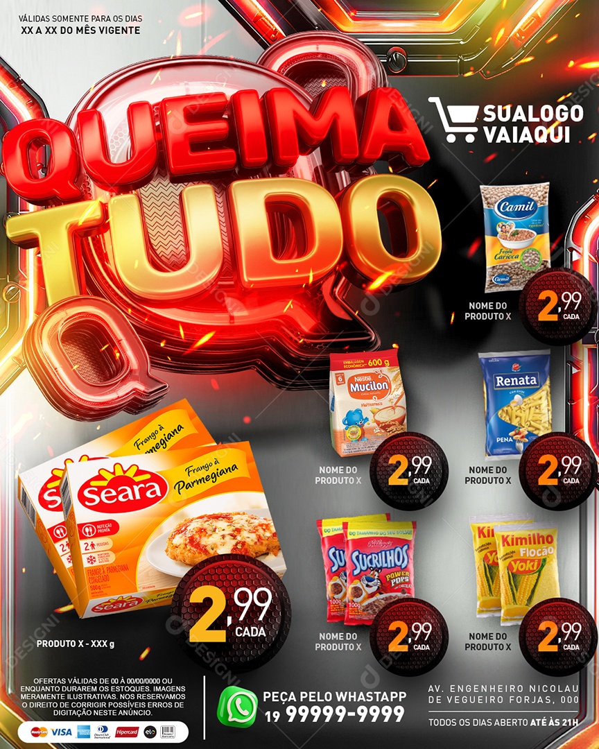 Tabloide Queima Tudo Produtos Macarrão Sucrilhos Flocão de Milho Supermercado Social Media PSD Editável