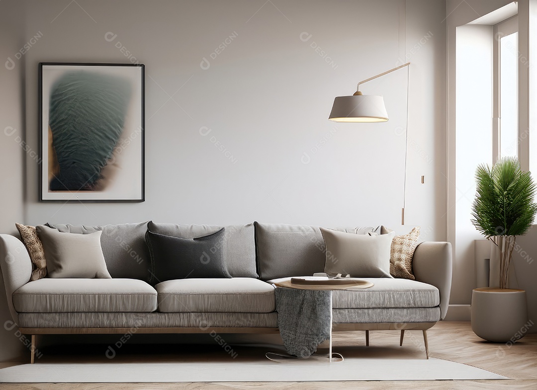 Interior moderno da sala de estar escandinava com sofá cinza