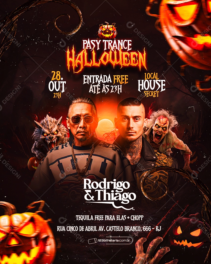 Flyer Pasy Trance Halloween Rodrigo & Thiago Social Media PSD Editável