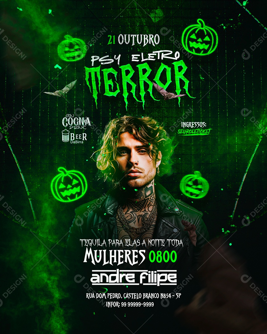 Flyer PSY Eletro Terror Tequila para Elas a Noite Toda Halloween Andre Filipe Social Media PSD Editável