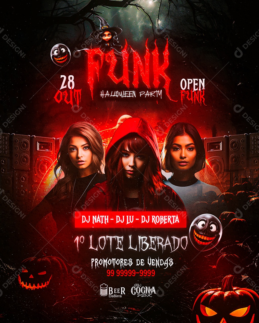 Flyer Funk Halloween Party DJ Nath DJ Lu DJ Roberta Social Media PSD Editável