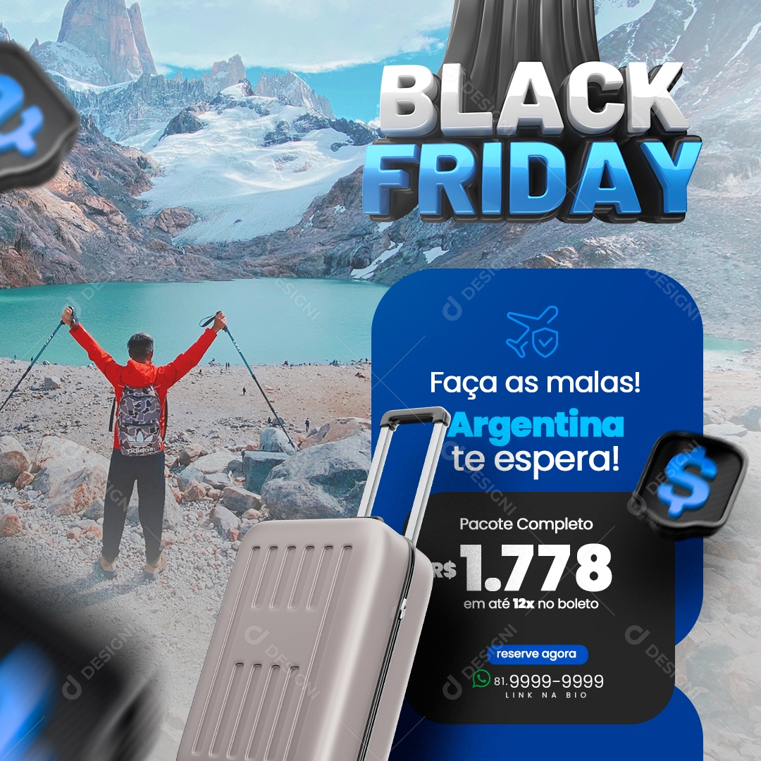 Black Friday Turismo Faça as Malas Argentina te Espera Pacote Completo Social Media PSD Editável