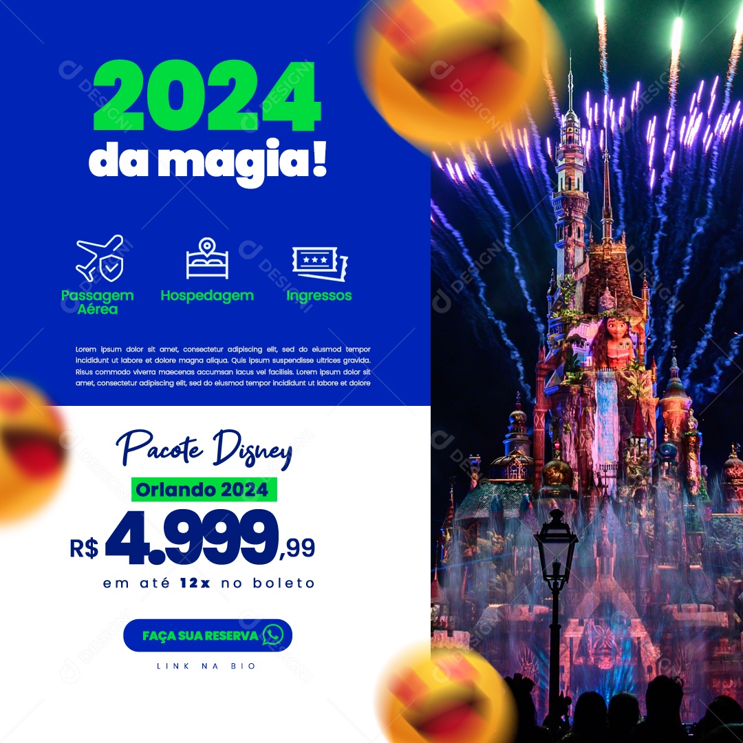 Turismo 2024 da Magia Pacote Disney Orlando Faça sua Reserva Social Media PSD Editável