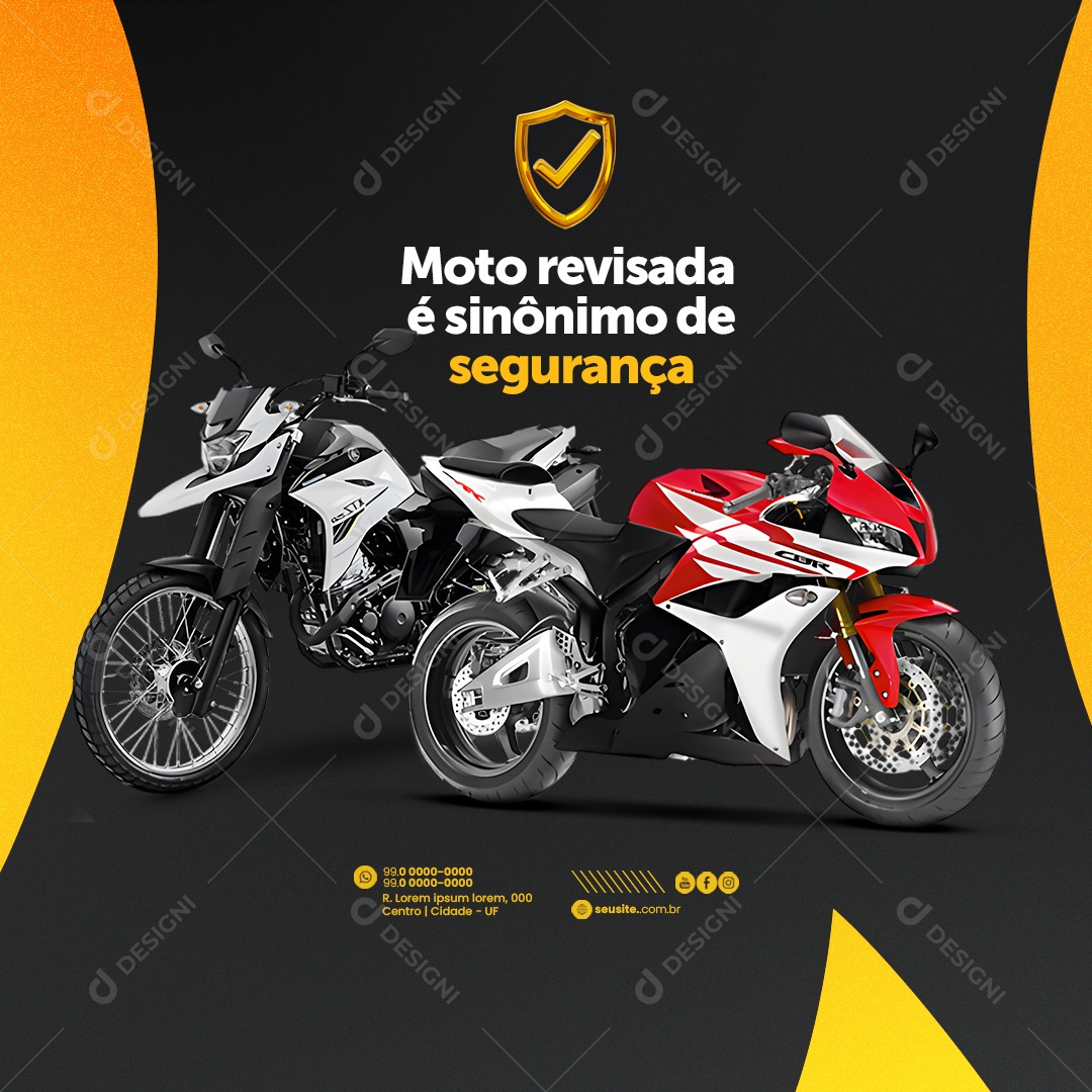 Auto Peças Motos Moto Revisada é Sinônimo de Segurança XTZ CBR Social Media PSD Editável