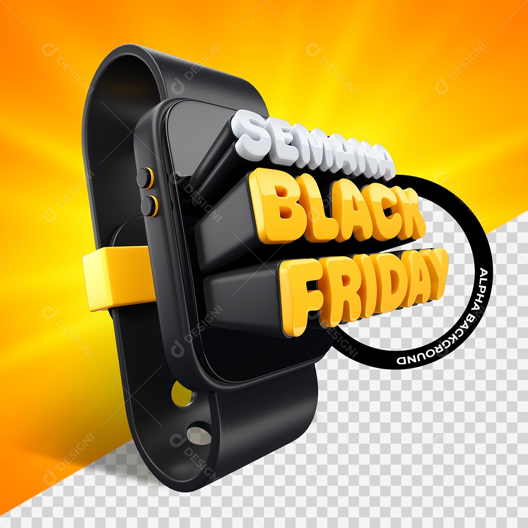 Selo 3D Semana Black Friday Smartwatch Cinza Amarelo e Preto para Composição PSD