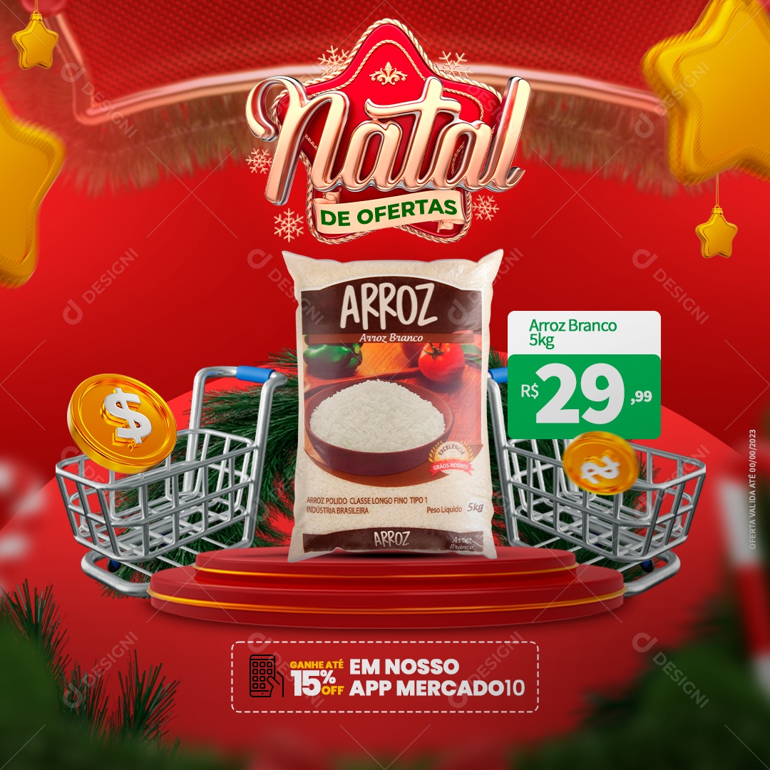 Natal De Ofertas Supermercado Carrinho de Compras Arroz Branco Social Media PSD Editável