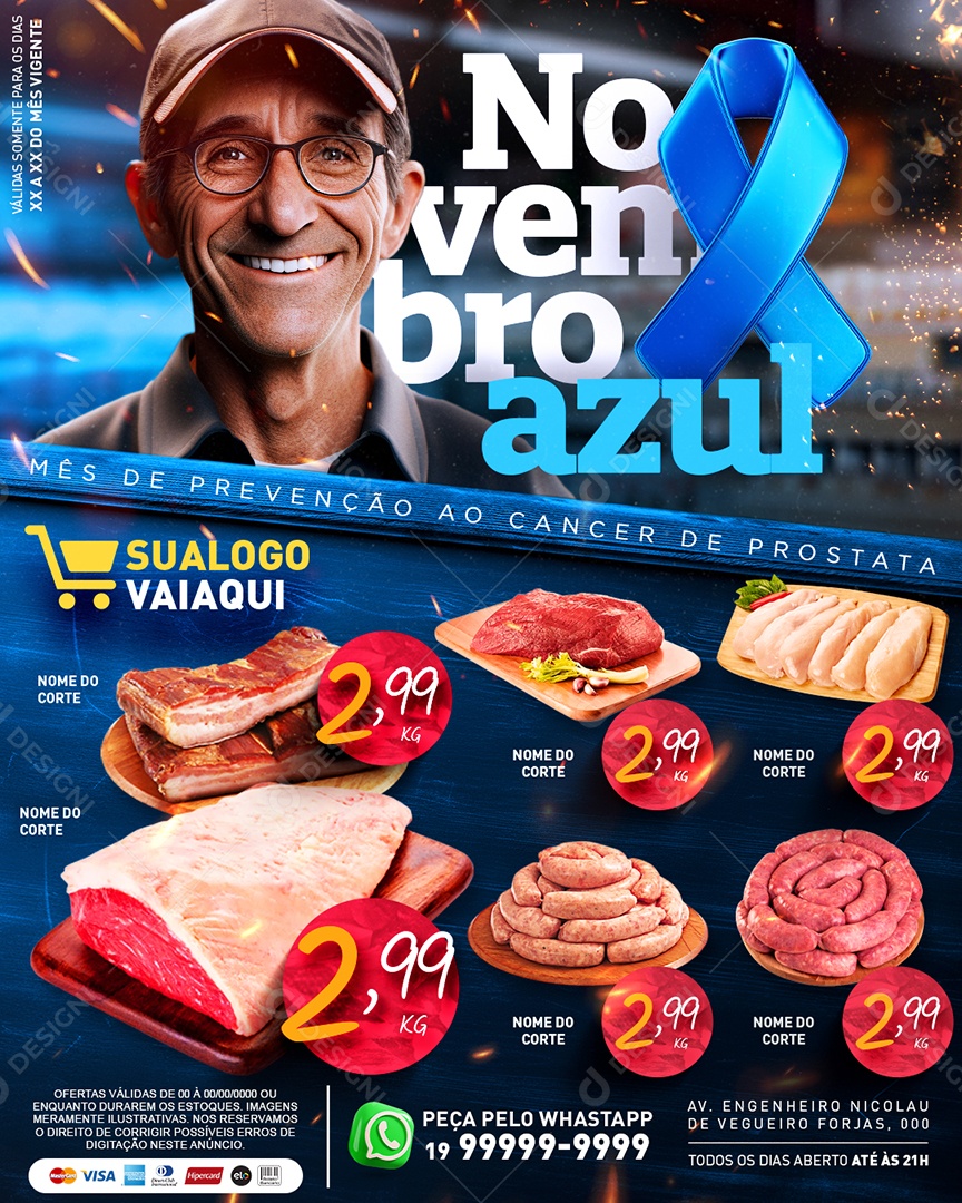 Tabloide Novembro Azul Açougue Carnes Linguiça Suína e Bovina Social Media PSD Editável