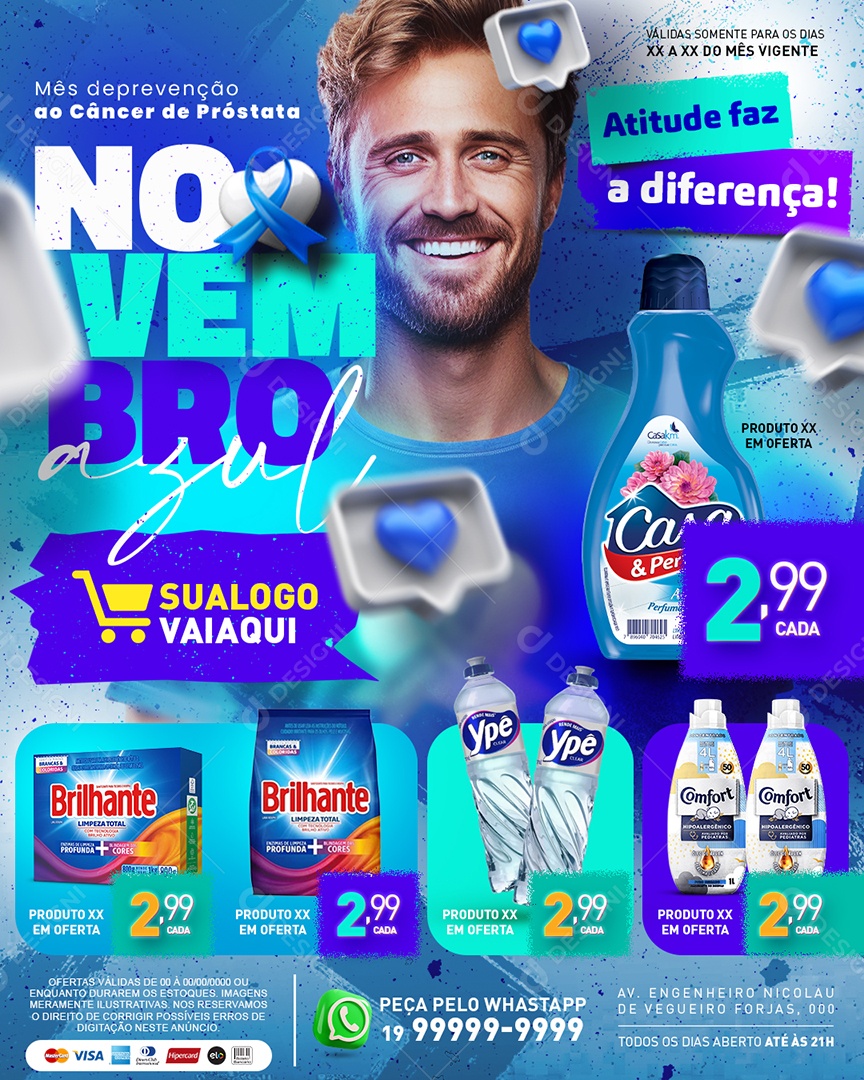 Tabloide Novembro Azul Supermercado Amaciante Sabão em Pó e Detergente Social Media PSD Editável