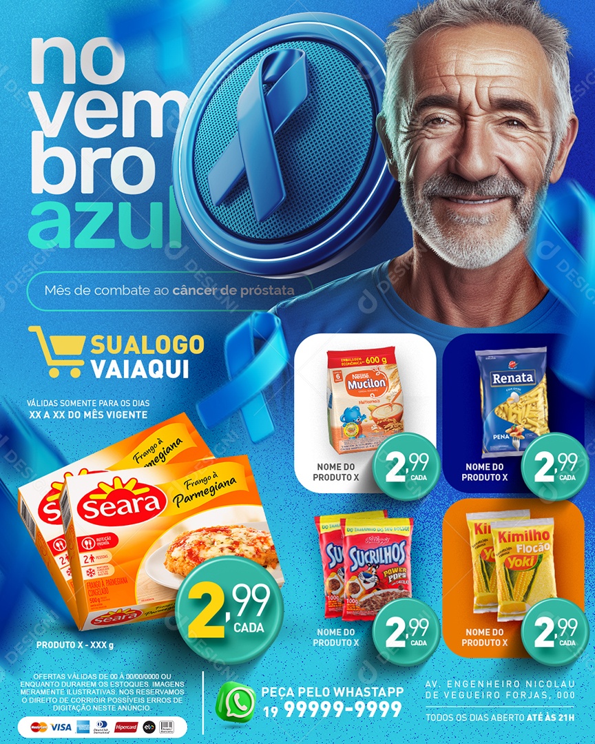 Social Media Tabloide Novembro Azul Supermercado Frango à Parmegiana Feijão e Flocão Yoki PSD Editável