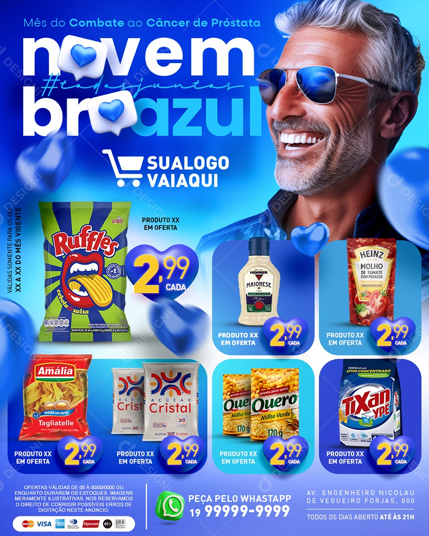 Tabloide Novembro Azul Supermercado Maionese Açúcar Cristal Sabão em Pó Social Media PSD Editável