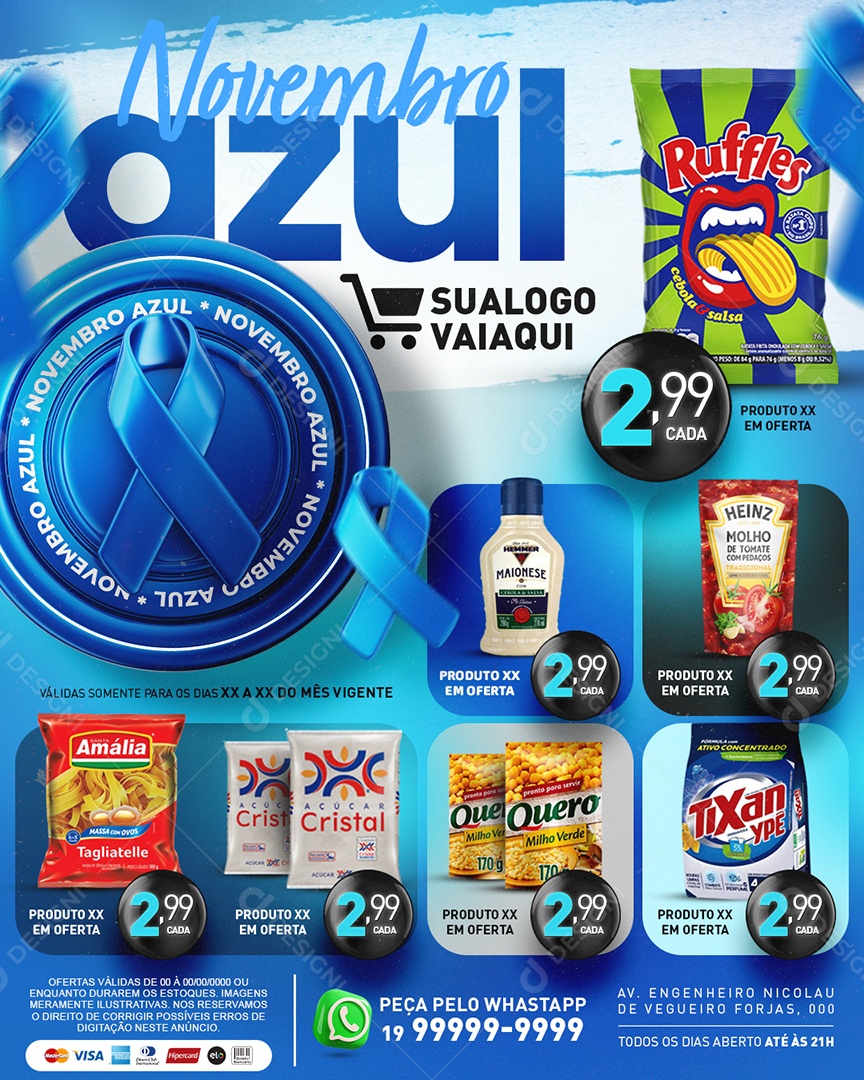 Social Media Tabloide Novembro Azul Supermercado Maionese Açúcar Cristal Sabão em Pó PSD Editável