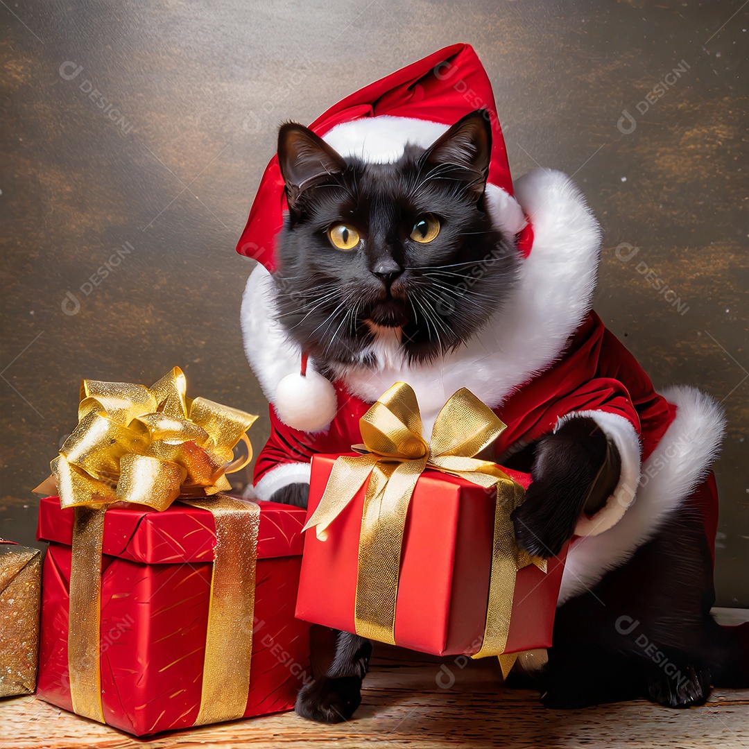 Grandes caixas de presente de Natal ao lado de um gato vestido de Papai Noel